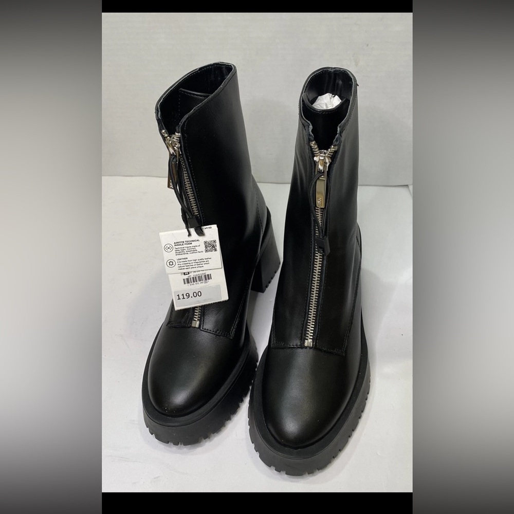 Zara Black Leather Front-Zip Chunky Heel Ankle Boots